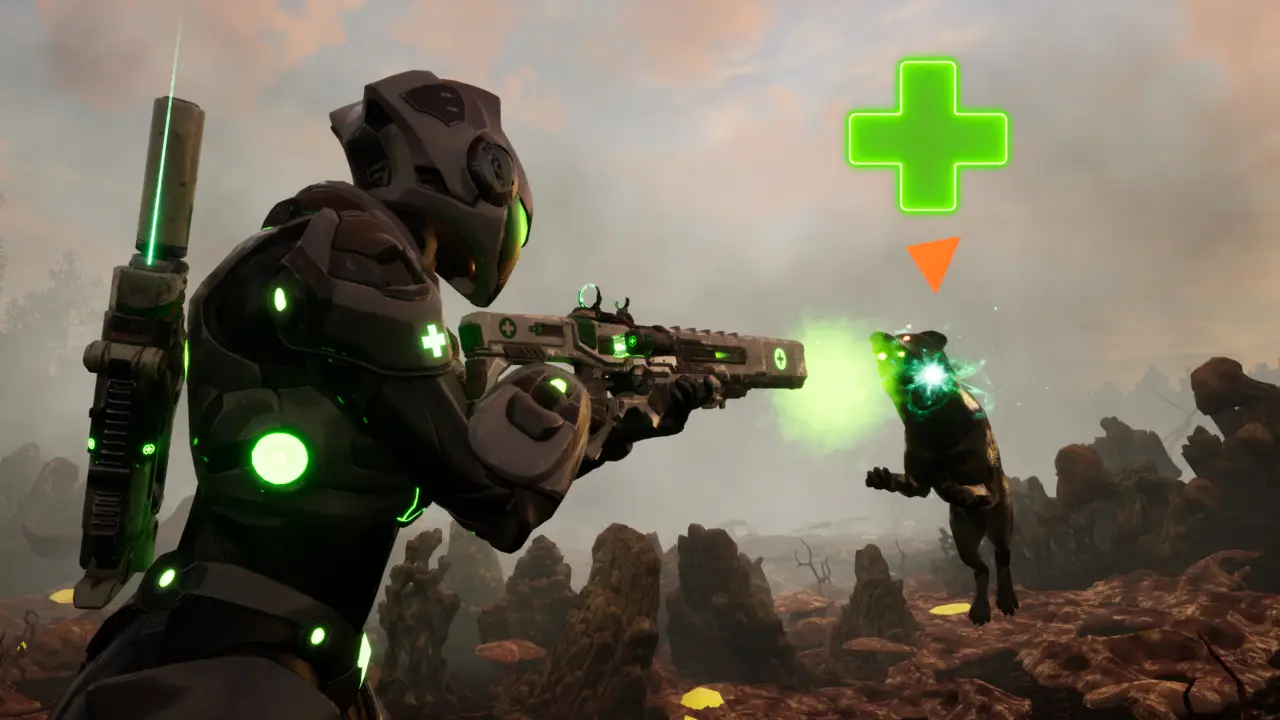 Player aiming a medical rifle at an infected target in Luminis
