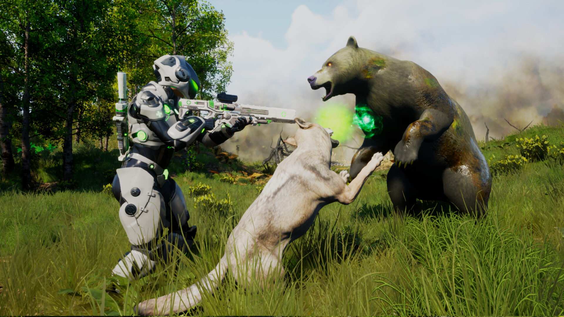 Player and wolf fighting a bear